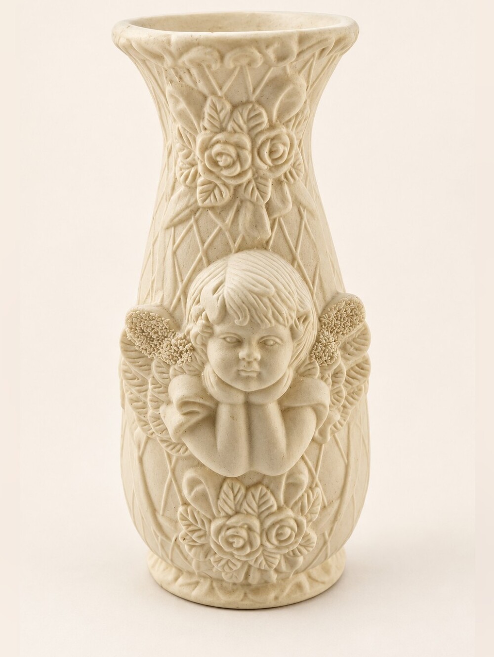 Vintage Ivory Ceramic Cherub Angel Vase Roses Shabby Chic Victorian Cottagecore